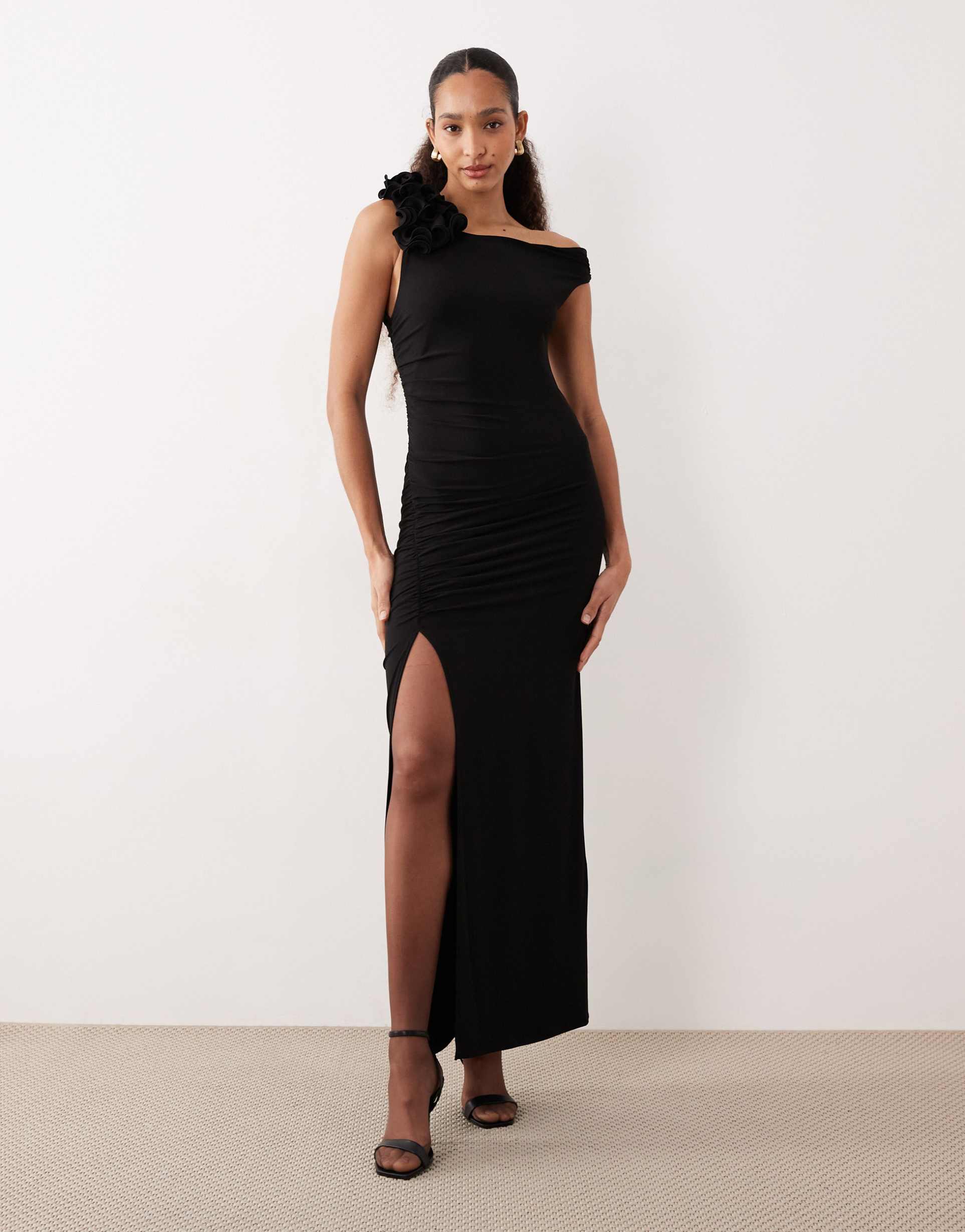 mango asymmetric sleeveless maxi dress with statement shoulder in black