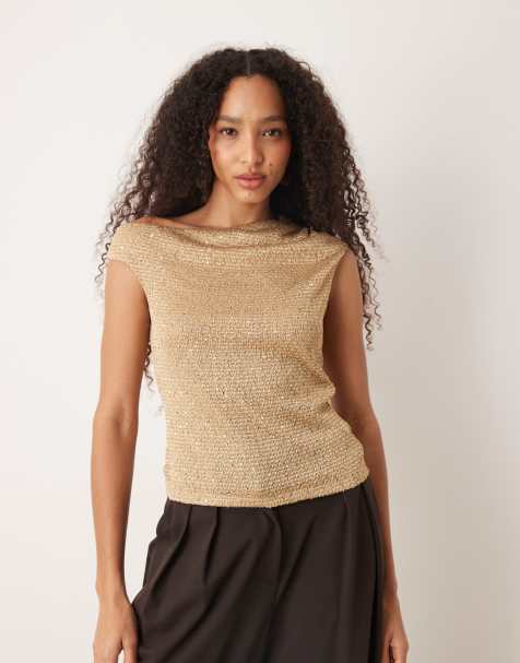 Mango asymmetric sleeveless top in gold