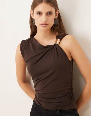 Mango Asymmetric Sleeveless Top With Hardware Detail In Brown