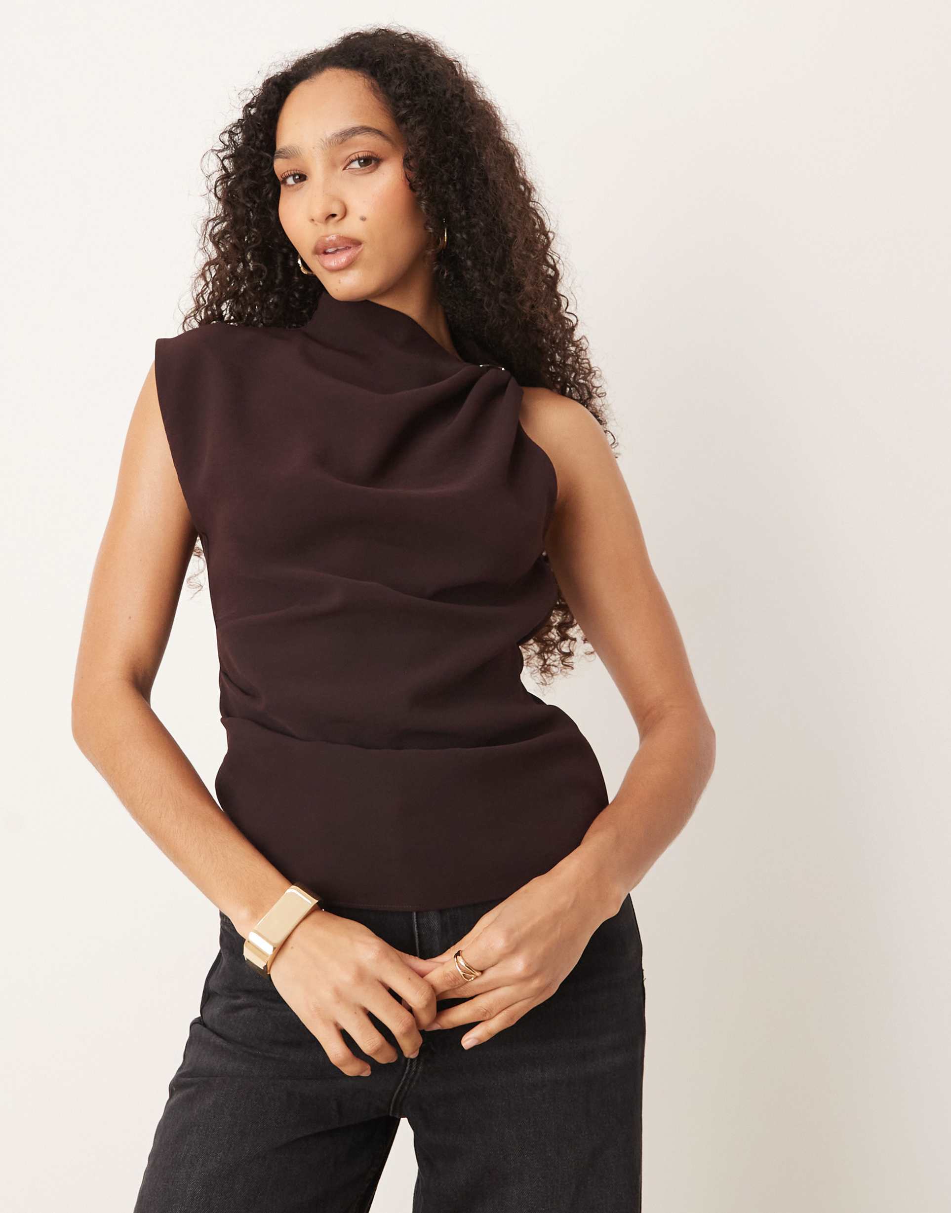 mango asymmetric sleeveless top with hardware detail in brown
