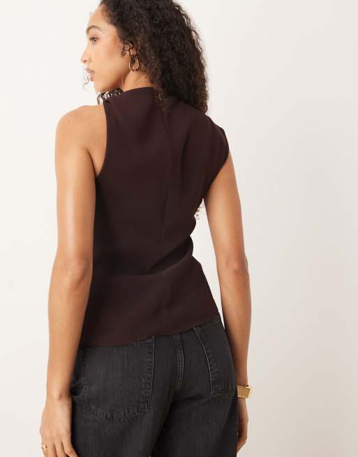 Mango asymmetric sleeveless top with hardware detail in brown, 4 of 4