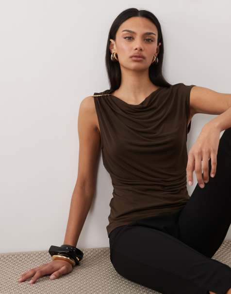 Mango asymmetric sleeveless top with hardware shoulder detail in brown - view 1