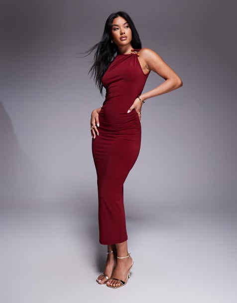 Mango asymmetric slinky midi dress with hardware detail in burgundy - view 1