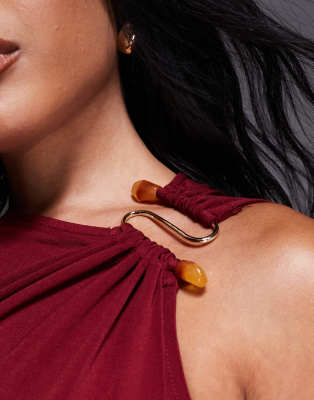 Mango Asymmetric Slinky Midi Dress With Hardware Detail In Burgundy