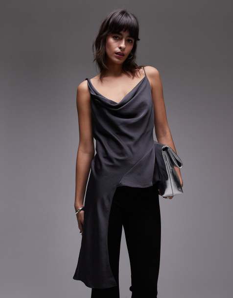 Mango – Asymmetrisch drapiertes, seidiges Oberteil in Grau - view 1