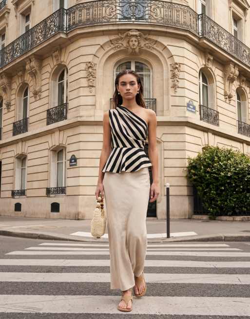 Mango - Asymmetrische gestreepte blouse met blote schouder in zwart en beige, 11 van 11