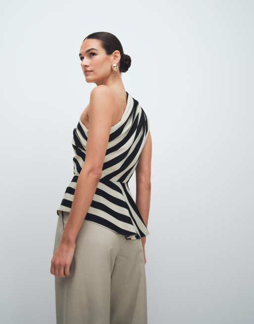 Mango - Asymmetrische gestreepte blouse met blote schouder in zwart en beige, 3 van 11