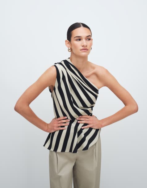 Mango – Asymmetrische, gestreifte Bluse in Schwarz und Beige mit One-Shoulder-Träger - view 1
