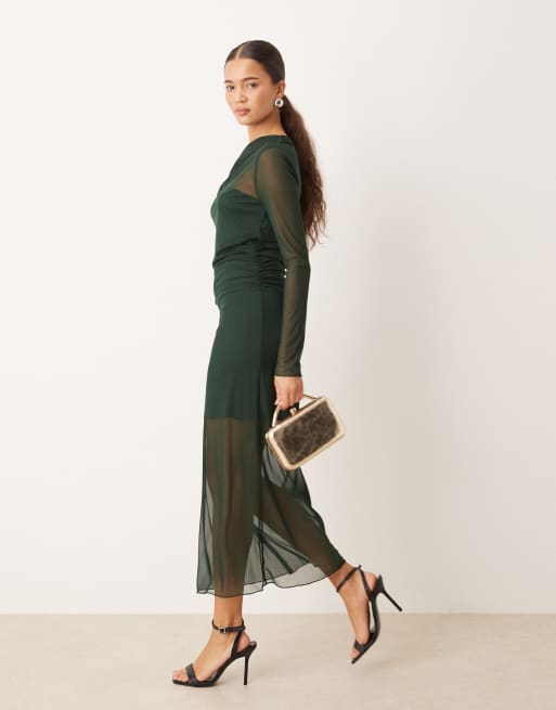 Mango - Asymmetrische maxi jurk met lange mouwen in bosgroen, 2 van 4