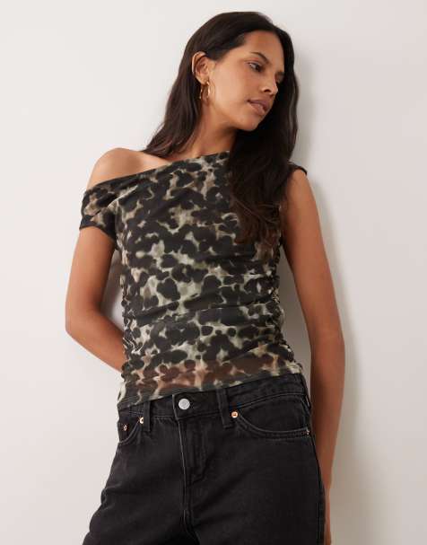 Mango asymmetrische mesh top met grijze luipaardprint - view 1
