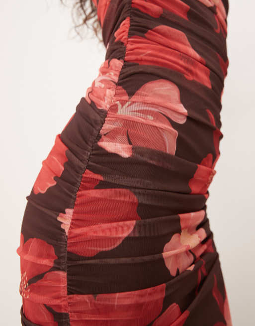 Mango - Asymmetrische midi jurk van mesh met bruine en roze bloemenprint, 3 van 4