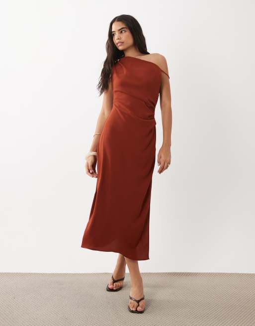 Mango - Asymmetrische midi jurk van satijn met gedrapeerde halslijn in gebrand oranje, 2 van 4