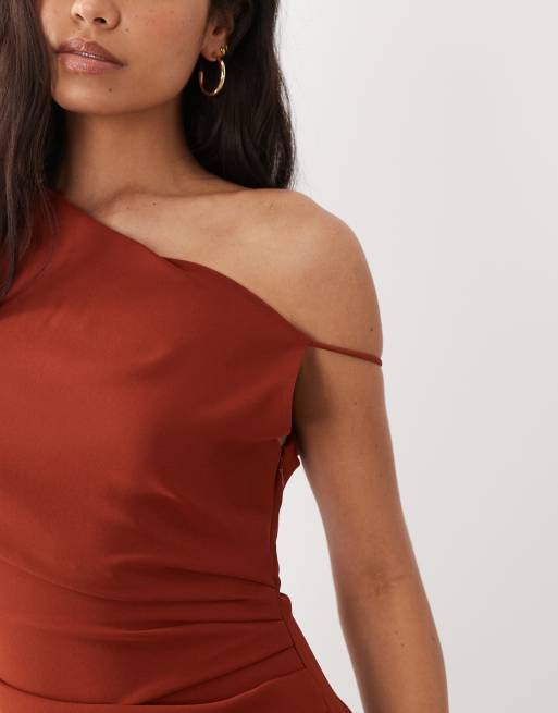 Mango - Asymmetrische midi jurk van satijn met gedrapeerde halslijn in gebrand oranje, 3 van 4