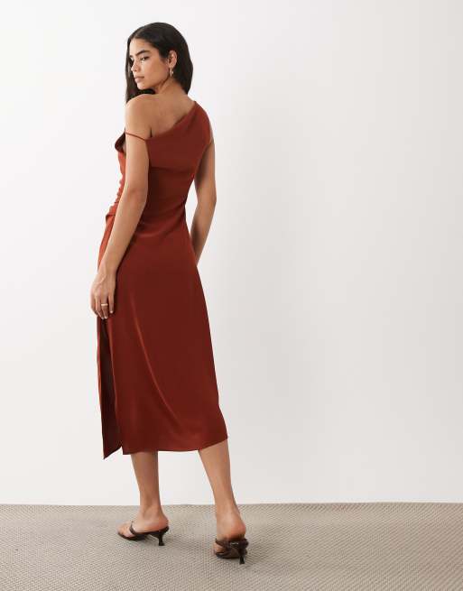 Mango - Asymmetrische midi jurk van satijn met gedrapeerde halslijn in gebrand oranje, 4 van 4