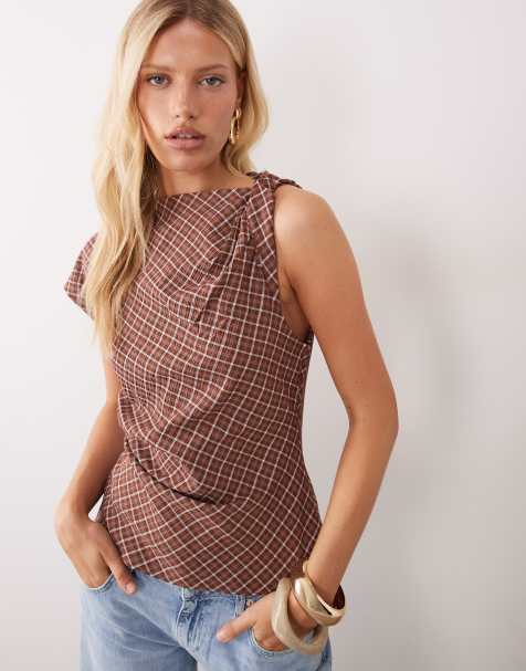 Mango asymmetrische mouwloze top met bruine ruitprint - view 1