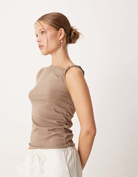 Mango - Asymmetrische mouwloze top met gedraaid bandje in lichtbruin - view 1