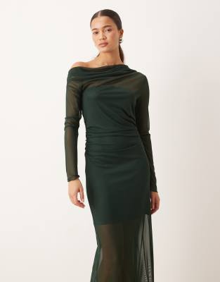 Mango - Asymmetrisches, langärmliges Maxikleid in Tannengrün