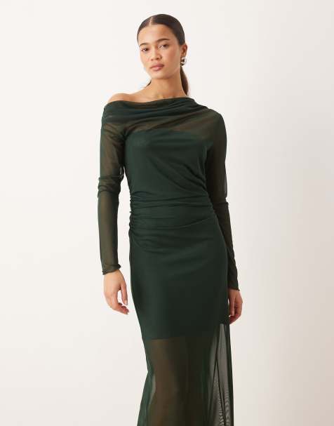 Mango – Asymmetrisches, langärmliges Maxikleid in Tannengrün - view 1