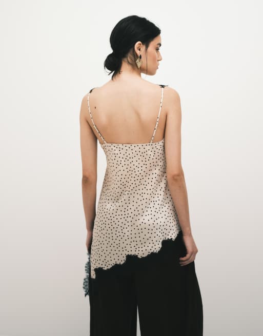 Mango – Asymmetrisches Longline-Camisole aus Satin in Beige mit Spitzenbesatz in Schwarz und Polka-Dots, 4 von 4