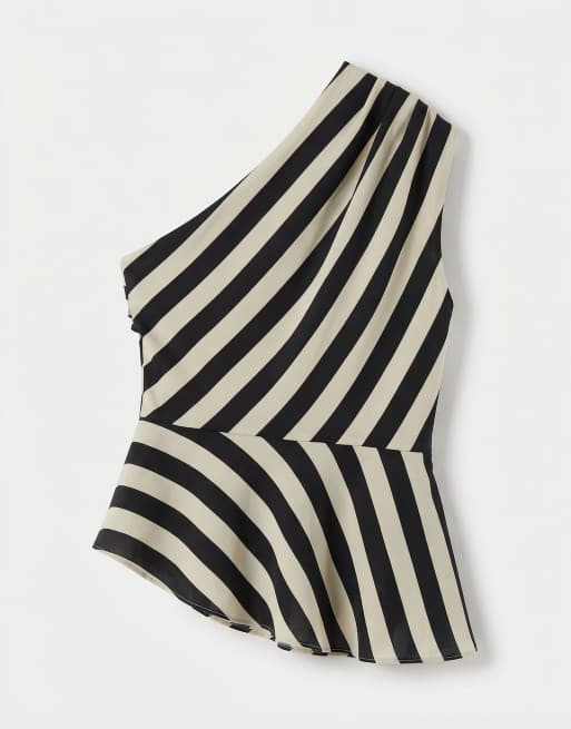 Mango - Asymmetrisk oneshoulder-bluse med sorte og beige striber, 6 af 11