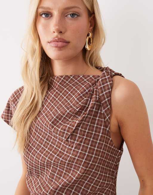 Mango asymmetrisk ærmeløs top med brun ternet print, 3 af 4