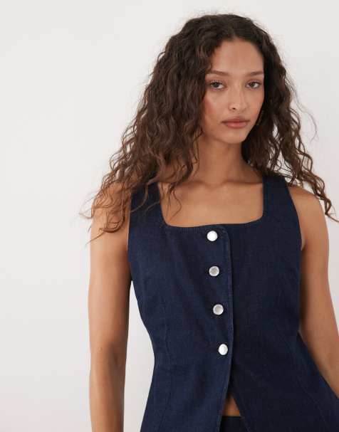 Mango - Avery - Top d'ensemble en denim de coton à encolure carrée - Bleu foncé - view 1