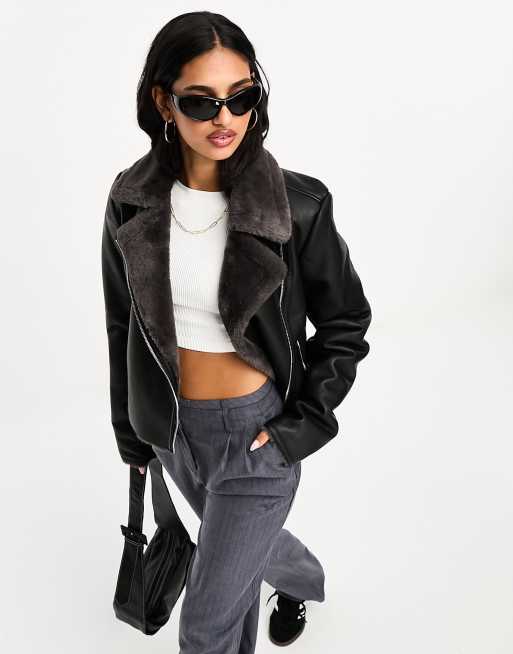 Mango aviator jacket with faux fur in black | ASOS