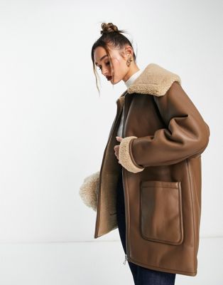 Mango aviator jacket with faux fur lining in brown