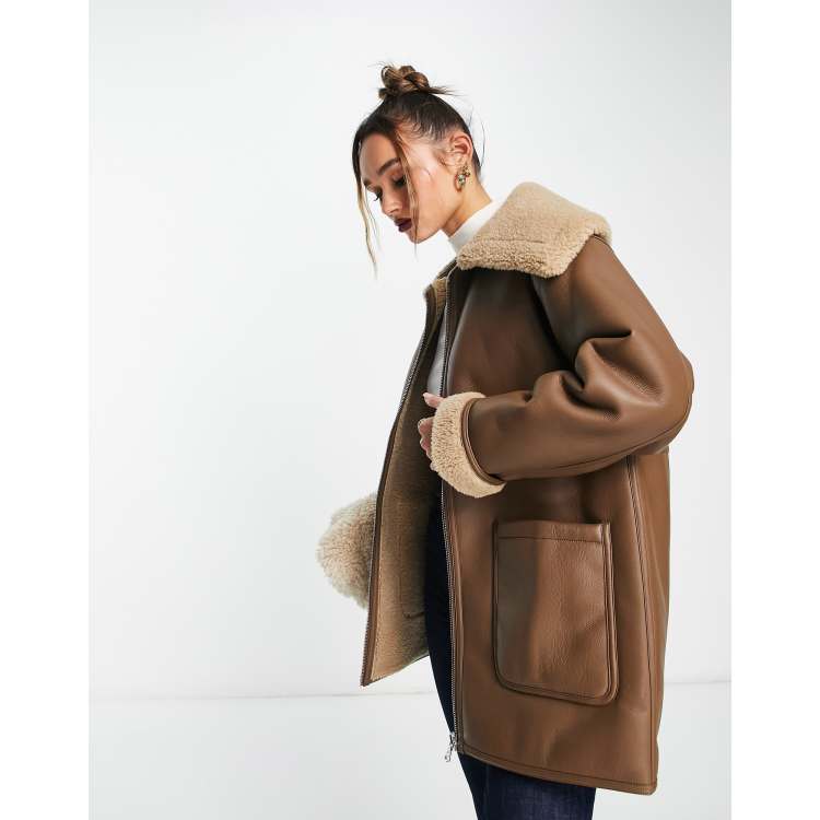 Mango aviator jacket with faux fur lining in brown