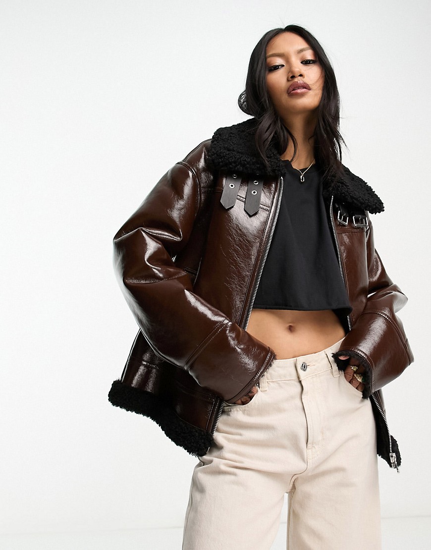Mango Aviator Jacket With Faux Leather Trim In Brown