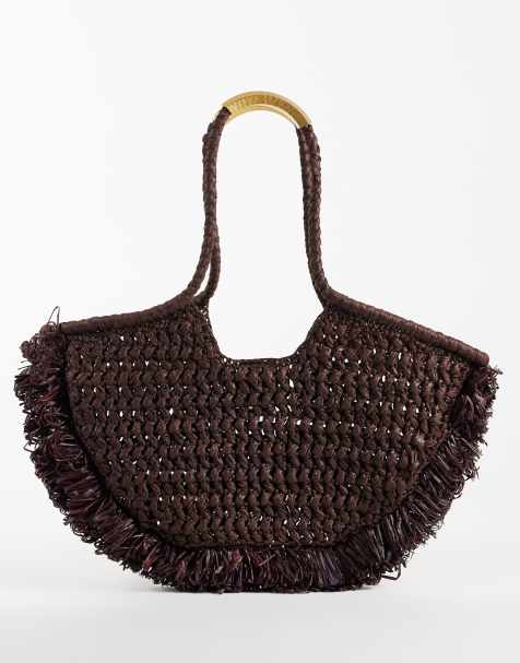 Mango axelväska i raffia, brun - view 1