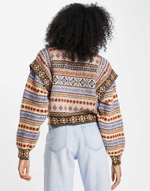 Mango aztec print jumper with sleeve detail in multi ASOS