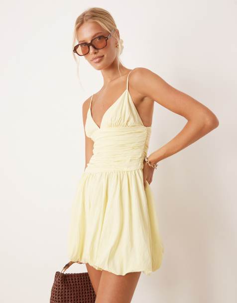 Mango babydoll mini dress with ruched waist in butter yellow  - view 1