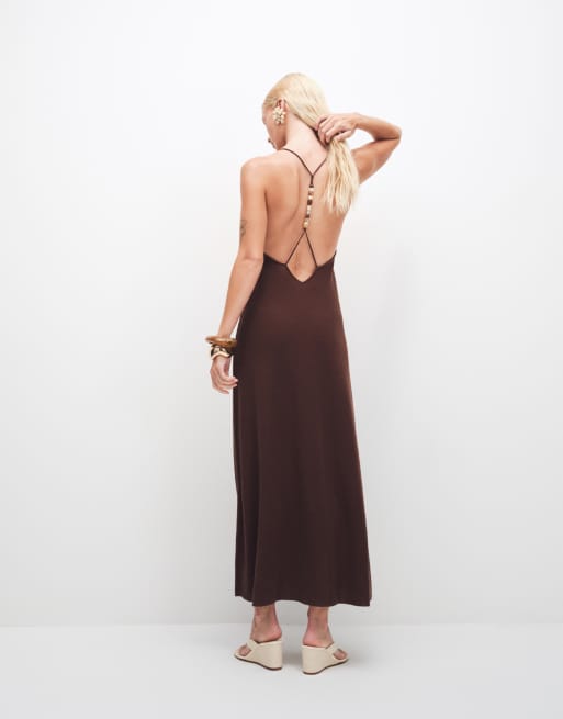 Mango backless beaded strappy maxi dress in brown, 2 of 4