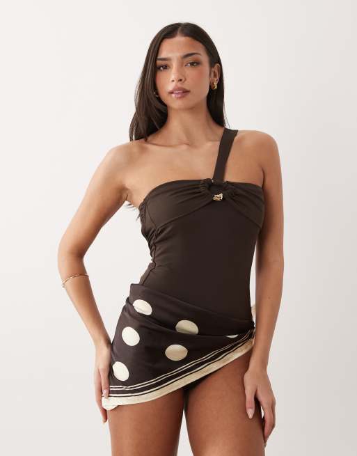 Mango – Badeanzug in Braun mit verdrehtem Detail und goldfarbenem Akzent, 2 von 4