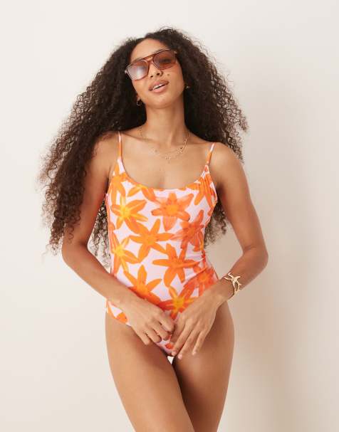 Mango - Badpak met bloemenprint en lage ronde rug in roze en oranje - view 1