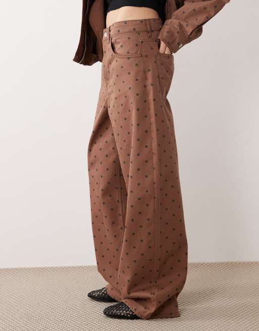 Mango - Baggy jeans van 100% katoen met stippen in bruin met stippen, deel van co-ord set, 2 van 5
