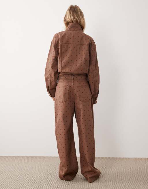 Mango - Baggy jeans van 100% katoen met stippen in bruin met stippen, deel van co-ord set, 5 van 5