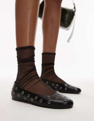 Mango - Ballerinas aus Leder in Schwarz mit Ösendetails