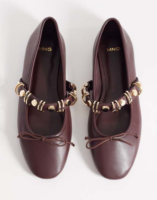 Mango ballet pump with embellished strap in burgundy, 3 of 4