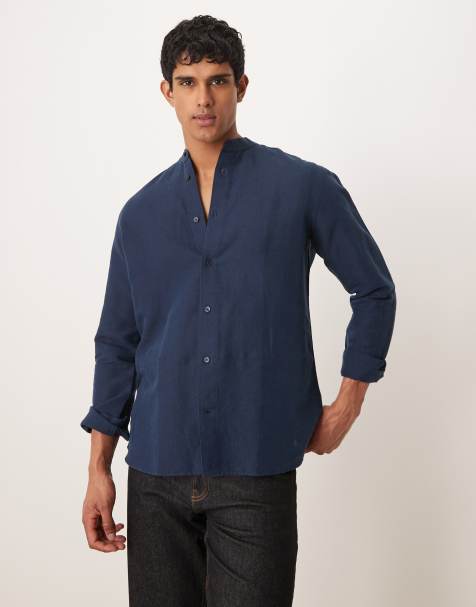 Mango band collar linen long sleeve shirt in navy - view 1