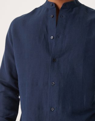 Mango Band Collar Linen Long Sleeve Shirt In Navy