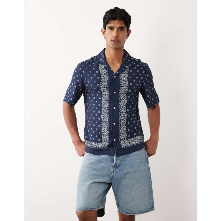 blue bandana dress shirt Rockmount Men's Blue Bison Print Western Dress Shirt