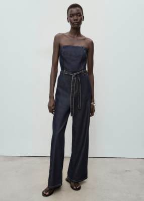 Mango Bandeau Belted Denim Jumpsuit In Blue