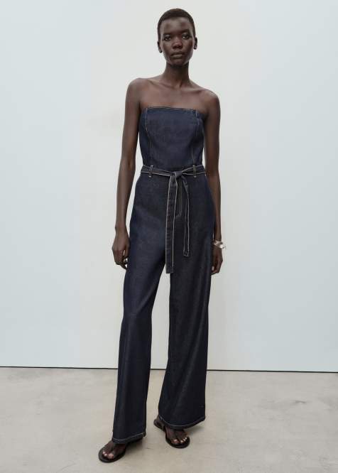 Mango bandeau belted denim jumpsuit in indigo - view 1