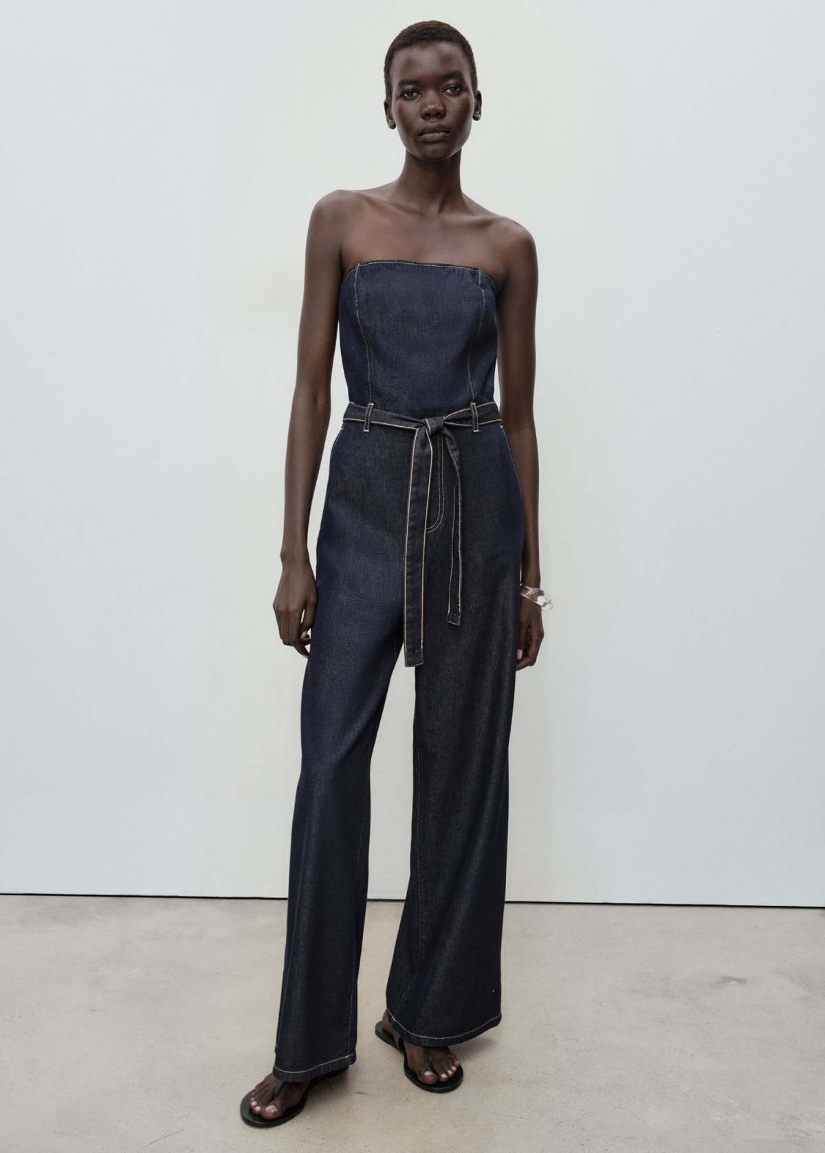 Mango bandeau belted denim jumpsuit in indigo