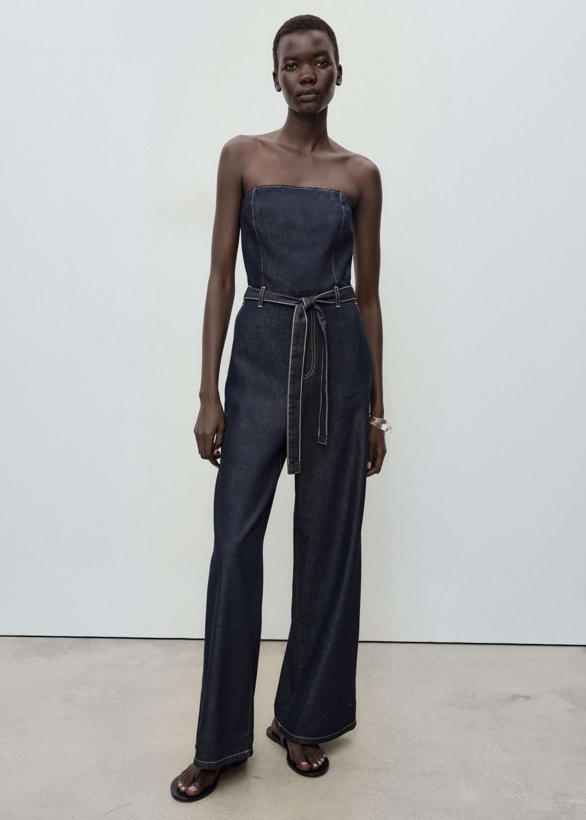 mango bandeau belted denim jumpsuit in indigo