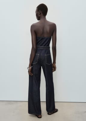 Mango Bandeau Belted Denim Jumpsuit In Blue