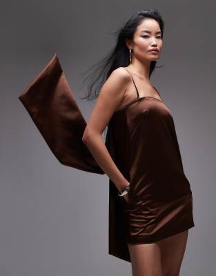 bandeau bow back mini dress in bronze-Brown