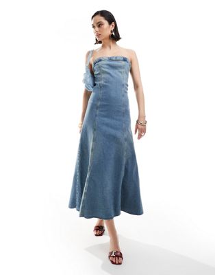 Mango Bandeau Denim Midi Dress In Light Blue